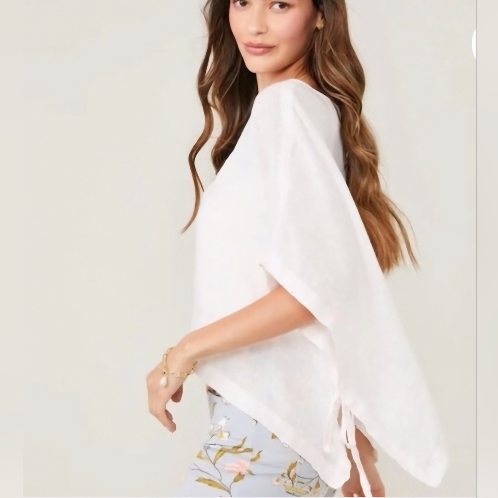 Spartina 449 Linen Peasant Tunic Top M/L Ivory Boho Beach Tie Sleeve NWOT